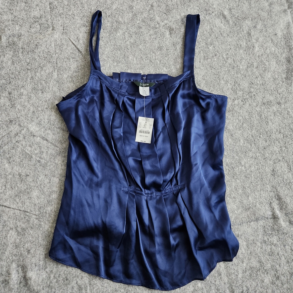 J Crew 100% Silk Pleated Cami Top Blouse Women's 12 Navy Blue Night Formal NEW